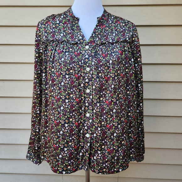 Saccharine Multicolor Floral Print Button-Up Blouse Ruffle Trim Cotton Silk - Picture 2 of 12